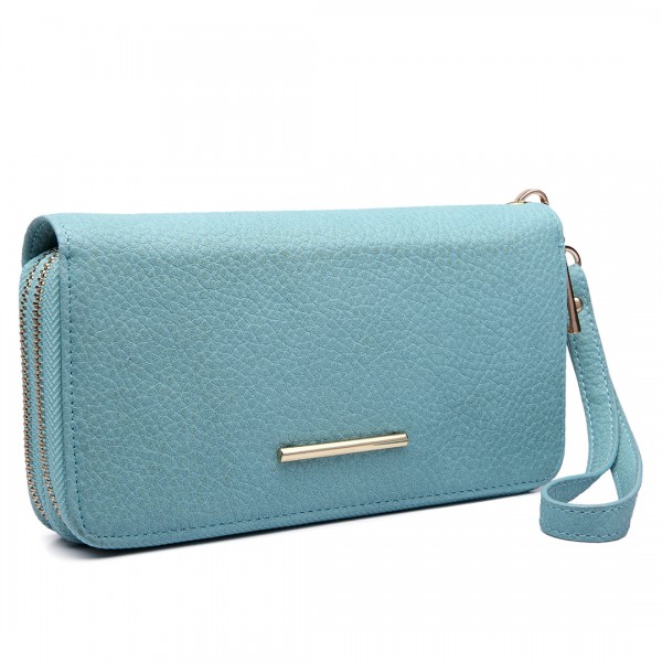 LP6683 - Miss Lulu Women Leather Look Double Zipped Long Purse Light Blue